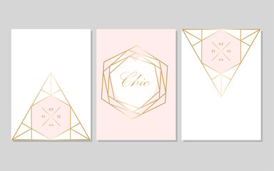 Set of Trendy Chic pastel colored cards with Gold geometric shapes. Abstract unusual textures for wedding invitation cards, business cards, fashion headers, posters, artistic backgrounds. Vector