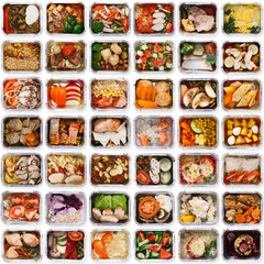 Set of take away food boxes at white background