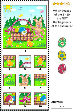 Easter holiday themed visual logic puzzle with Easter bunny, eggs, chicks and basket: What of the 2 - 10 are not the fragments of the picture 1? Answer included.
