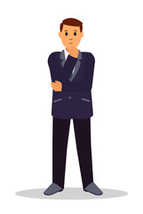 Standing businessman making thinking gesture. Front view. Flat style vector illustration isolated on white background. Eps 10 