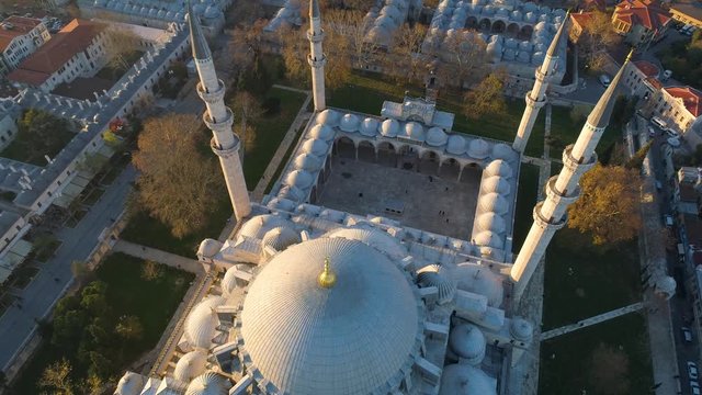 The Blue Mosque Sultanahmet in Istanbul, Turkie. Aerial drone view Shot. Blue sky, sunset.