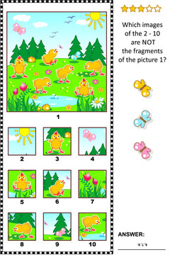 Spring, Easter or summer visual logic puzzle with happy playful chicks feeding outdoor: What of the 2 - 10 are not the fragments of the picture 1? Answer included.
