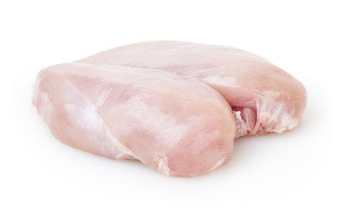 Raw skinless chicken breast fillet isolated on white background with clipping path