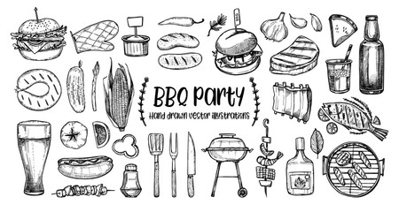 Hand drawn vector illustrations. BBQ collection. Barbeque design elements in sketch style. Fast food.  Perfect for menu, prints, packing, leaflets, advertising - obrazy, fototapety, plakaty