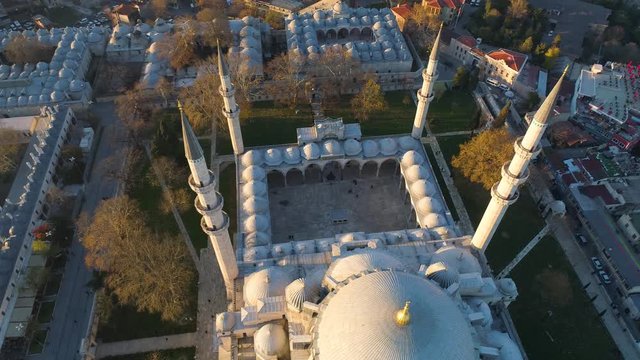 The Blue Mosque Sultanahmet in Istanbul, Turkie. Aerial drone view Shot. Blue sky, sunset.