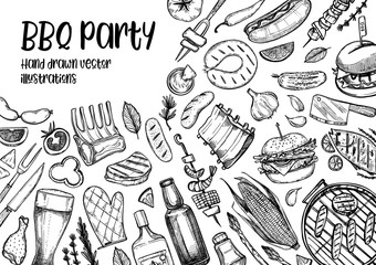 Hand drawn vector illustrations. BBQ collection. Barbeque design elements in sketch style. Fast food.  Perfect for menu, prints, packing, leaflets, advertising