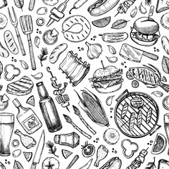 Hand drawn vector seamless pattern. BBQ. Barbeque design elements in sketch style. Fast food.  Perfect for menu, prints, packing, leaflets, advertising, wrapping paper - obrazy, fototapety, plakaty