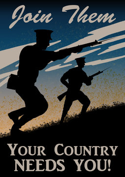 World War One British recruitment poster. Vintage style original computer illustration. 