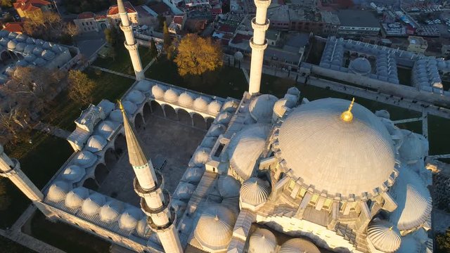 The Blue Mosque Sultanahmet in Istanbul, Turkie. Aerial drone view Shot. Blue sky, sunset.
