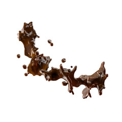 Liquid melted chocolate or delicious chocolate sauce swirls splashes twisted. Yummy confectionery liquid hot dark chocolate syrup template. Advertising design element isolated. 3D render illustration