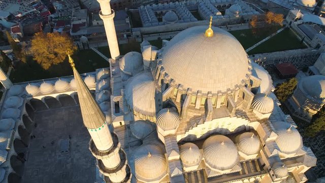 The Blue Mosque Sultanahmet in Istanbul, Turkie. Aerial drone view Shot. Blue sky, sunset.