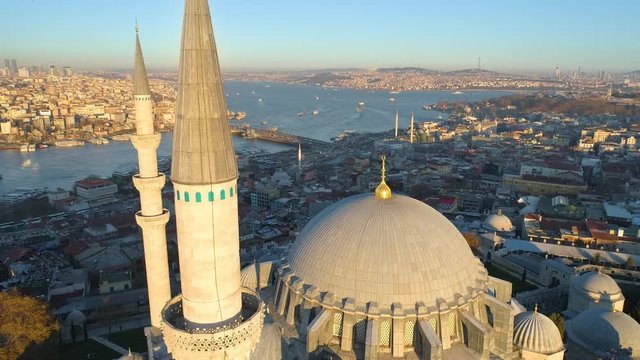 The Blue Mosque Sultanahmet in Istanbul, Turkie. Aerial drone view Shot. Blue sky, sunset.