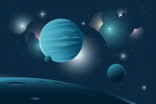 Blue space background with stars  and big gas planet in foreground