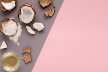 Coconut flour, water and nuts on pink background