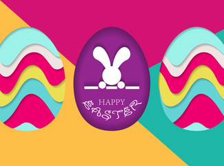 Happy Easter banner. Colourful Easter eggs and abstract paper cut shapes. Design for holiday flyer, poster, greeting card, party invitation. Vector illustration.