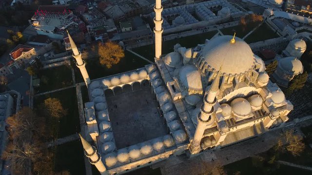 The Blue Mosque Sultanahmet in Istanbul, Turkie. Aerial drone view Shot. Blue sky, sunset.