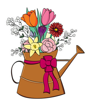 Spring flower arrangement in a copper watering can.