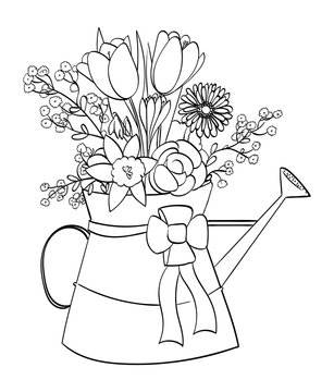 Spring flower arrangement in a watering can - outline
