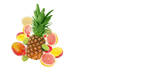 Fresh fruits, pineapple surrounded with grapefruit, lime, kiwi, mango, strawberries in water splash, isolated on white background with free space