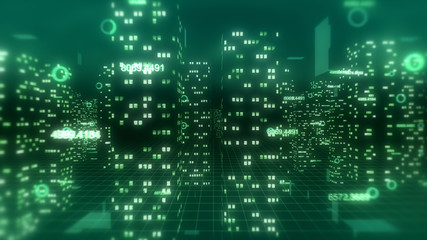 Abstract 3d city render with financial numbers around. Green theme.