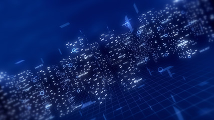 Abstract 3d city render with financial numbers around. Blue theme.