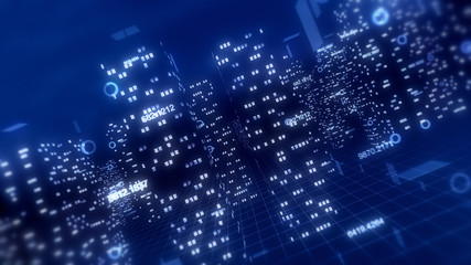 Abstract 3d city render with financial numbers around. Blue theme.