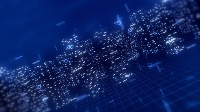 Abstract 3d city render with financial numbers around. Blue theme.