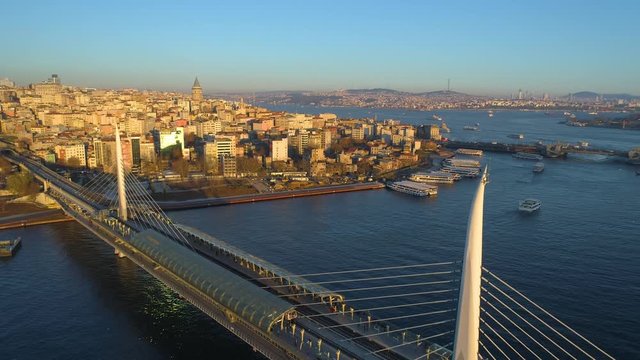 Aerial drone view of the Istanbul, Turkie. Bosphorus Halic bay. Sunny day. Fly over the bridges.