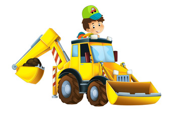 Obraz na płótnie Canvas Cartoon funny and happy scene with kid playing worker in the toy excavator - on white background - illustration for children