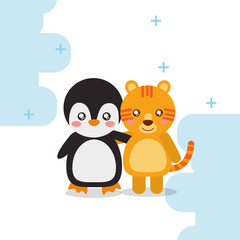 cute penguin tiger animals colored background vector illustration