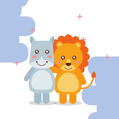 Fototapeta premium cute animal lion hippo colored background vector illustration