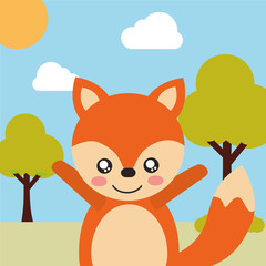 cute animal fox cartoon landscape trees clouds vector illustration
