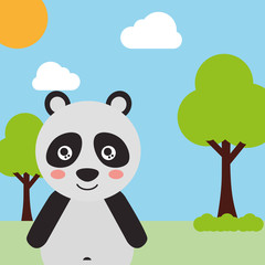 cute animal panda cartoon landscape trees clouds vector illustration