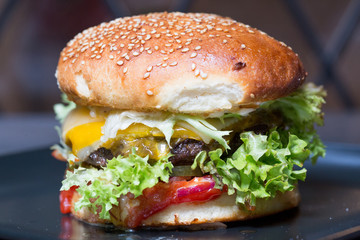 close up of tasty classic burger