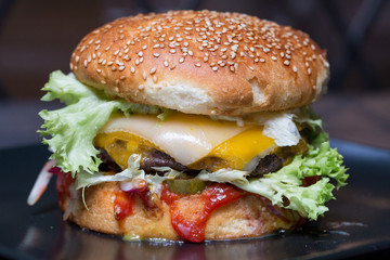 close up of tasty classic burger