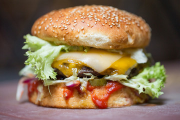 close up of tasty classic burger