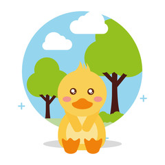 cute duck sit with landscape trees natural vector illustration