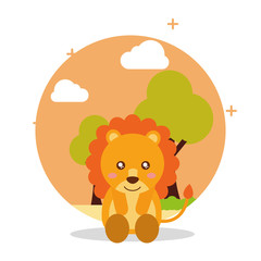 cute lion sit with landscape trees natural vector illustration