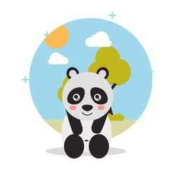 cute panda sit with landscape trees natural vector illustration