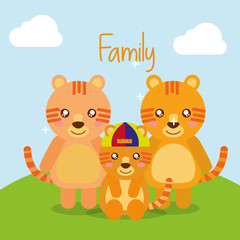 cute animals tigers family in landscape field vector illustration