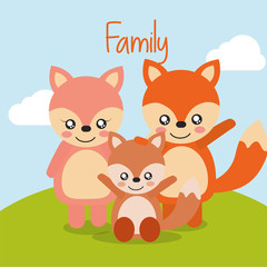 cute animals fox family in landscape field vector illustration