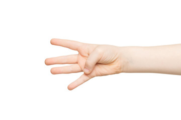 Kid hand shows number four on white background