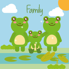 cute animals frog family in pond natural landscape vector illustration