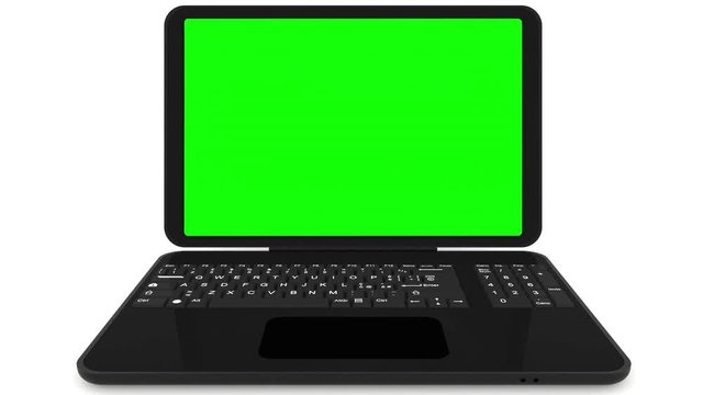 Animazione - Chroma key. Computer portatile nero. Apertura e chiusura. Con spazio per Chroma key in corrispondenza al monitor.