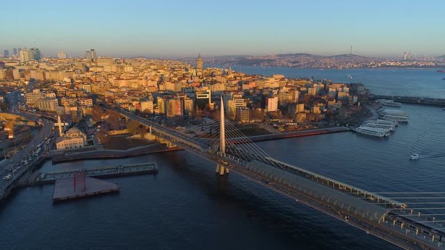 Aerial drone view of the Istanbul, Turkie. Bosphorus Halic bay. Sunny day. Fly over the bridges.