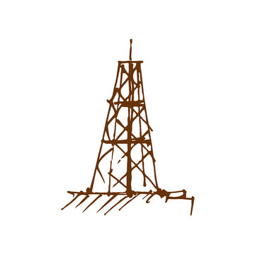 Hand drawn oil derrick. Rig for exploration and drilling wells for oil production. Vector illustration. Sketch.