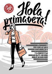 Hola primavera. Girl in the Park in the spring. Lettering. © Denis