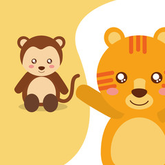 cute animals monkey sitting tiger waving hand character vector illustration