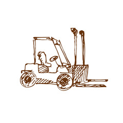 Hand drawn forklift truck. Sketch, vector illustration.