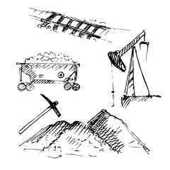 Hand drawn resource mining set. Pile of sand, ore, stone or rubble, pickaxe, pump, rails railway, cart with ore. Sketch, vector illustration.
